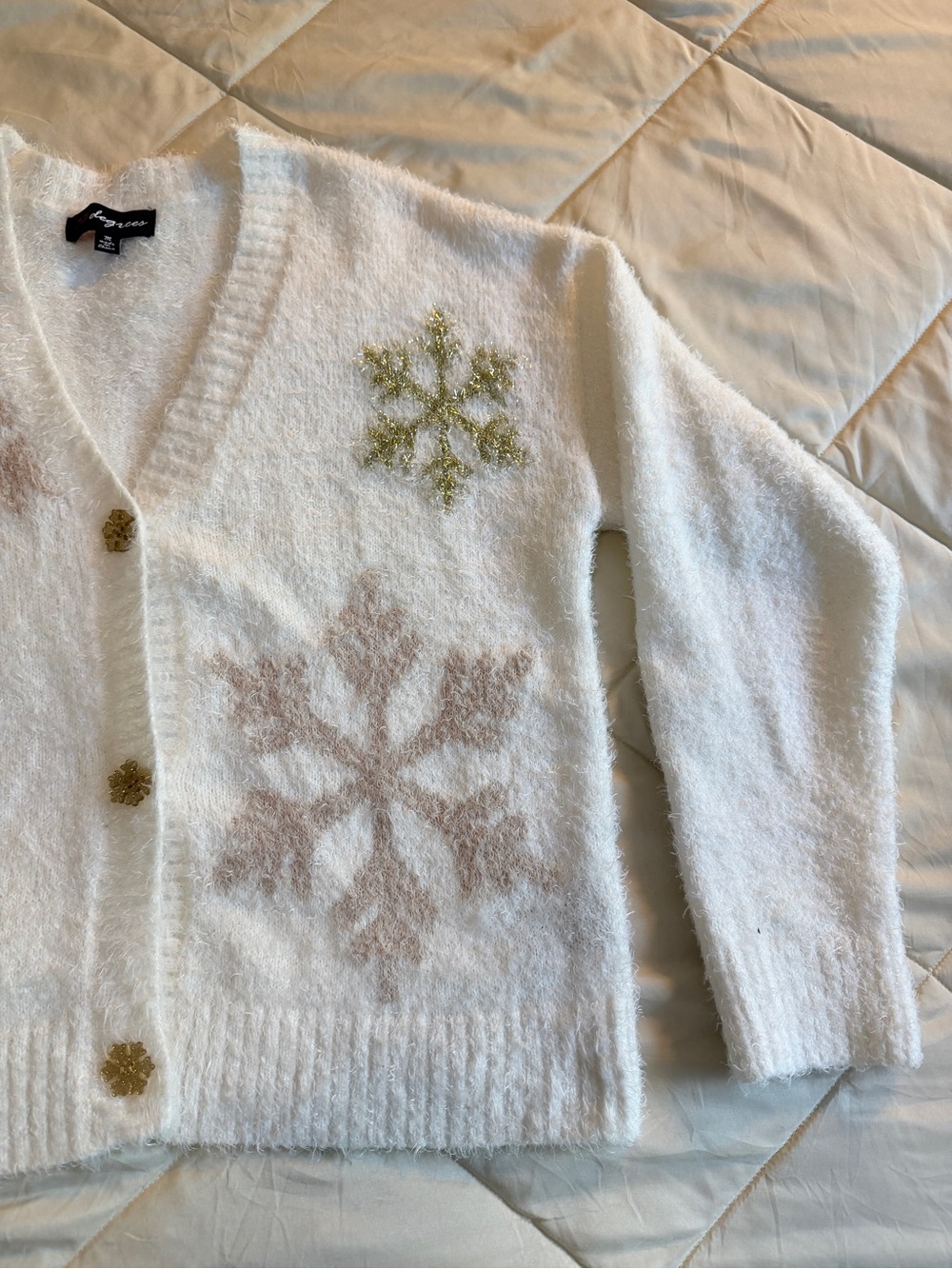White Fuzzy Snowflake Cardigan Sweater